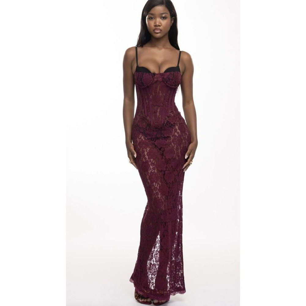 Women's Burgundy Lace Corset Maxi Dress
